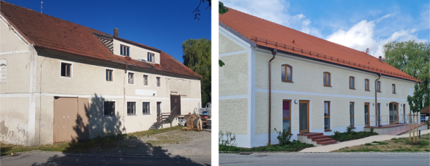 Zwei Bilder nebeneinander: auf dem linken Bild ist der ehemalige Pfarrstadl in Lohkirchen vor der Sanierung und auf dem rechten Bild nach Abschluss der Sanierung zu sehen.