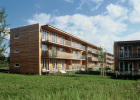 Wohnanlage mit 40 Wohnungen in Schweinfurt aus vorgefertigten Großtafeln in Holzrahmenbauweise und Brettstapeldecken, Modellvorhaben „Wohnungen in Holzbauweise“