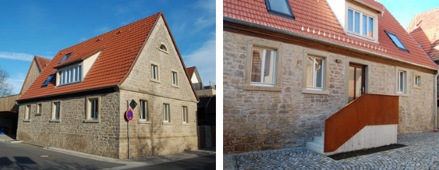 Zwei Bilder nebeneinander: Auf dem linken Bild ist die Ansicht von Westen und auf dem rechten Bild die Hofansicht des sanierten Dreiseithofs in der Gemeinde Kürnach zu sehen.