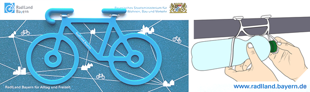 Piktogramm eines blauen Fahrrads mit Aufschrift "Radlland Bayern". Im Hintergrund ist ein Wegenetz erkennbar. Rechts daneben ist ein "baiki"-Universalband dargestellt, das am Fahrradrahmen befestigt wird und an dem eine Flasche befestigt wird.