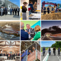 Collage aus 3 x 3 quadratischen Bildern, die einen Überblick über Themen des Staatsministeriums für Wohnen, Bau und Verkehr geben. In der Mitte Text: Jahresbilanz 2023