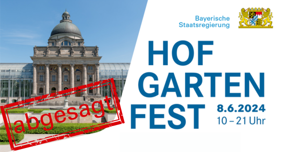Links ein Foto der Bayerischen Staatskanzlei. Rechts Text: Hofgartenfest, 8.6.2024, 10 - 21 Uhr, Tag der offenen Tür rund um die Staatskanzlei