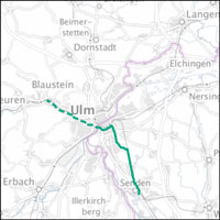 Kartenausschnitt mit der geplanten Radschnellverbindung für die Region Ulm. Link zur vergrößerten Ansicht