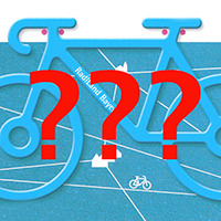 Piktogramm eines blauen Fahrrads mit Aufschrift "Radlland Bayern". Im Hintergrund ist ein Wegenetz erkennbar. Im Vordergrund: Drei rote Fragezeichen