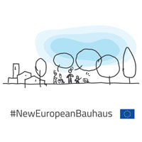 Das Logo für "New European Bauhaus": Skizzenhaft gezeichnete Häuser, Bäume und Menschen. Text: New European Bauhaus - beautiful - sustainable - together