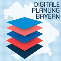 Logo Digitale Planung Bayern quadratisch: Im Hintergrund ist ein Raster zu sehen, davor eine weiße Bayernkarte. Im Vordergrund stapeln sich digitale Pläne. Schriftzug: Digitale Planung Bayern
