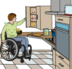 Ein Rollstuhlfahrer öffnet einen barrierefrei zugänglichen Küchenschrank