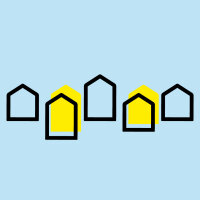 Logo mit fünf stilisierten Giebelhäusern, davon zwei gelb hinterlegt.